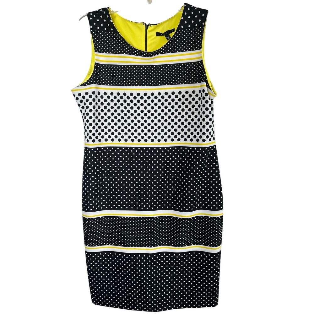Tiana B sleeveless polka dot midi dress black/yellow/white, size 12, EUC